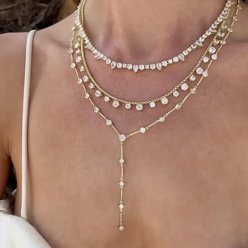 

White Cubic Zirconia 5A CZ Round Water Drop Shaped Tennis Chain Fashion Women Choker Necklace Ice Out Luxury Jewelry