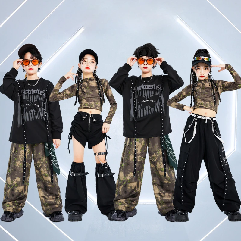 

Boys Street Dance Costumes Fashion Hip Hop Crop Hoodies Street Dance Camo Pants Set Sweatshirt Girls Group Jazz K-pop Outfits