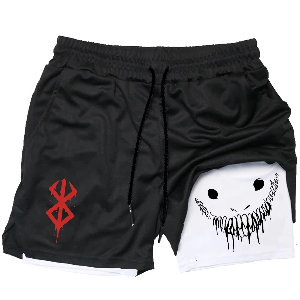 Anime Berserk Running Shorts Men Fitness Gym Training 2 in 1 Sports Shorts Quick Dry Workout Jogging Double Deck Summer