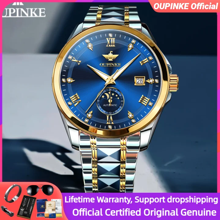 OUPINKE ساعة رجالي فاخرة الراقية ساعة مقاوم للماء مضيئة القمر المرحلة التنغستن الصلب التلقائي الميكانيكية ساعة رجالي