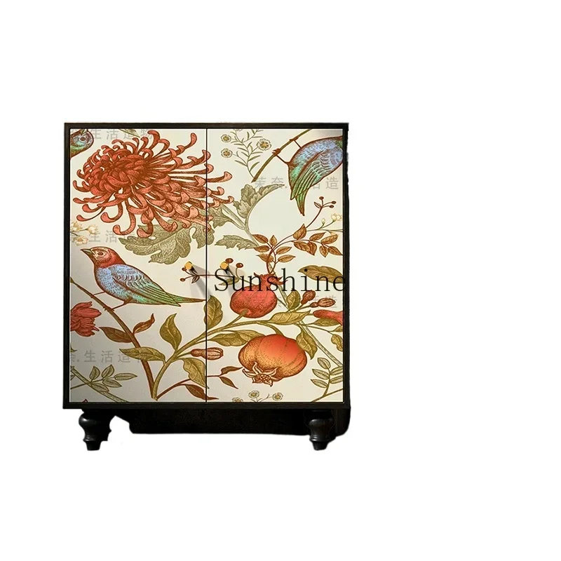 Medieval flower and bird picture retro shoe cabinet solid wood storage storage decorative cabinet