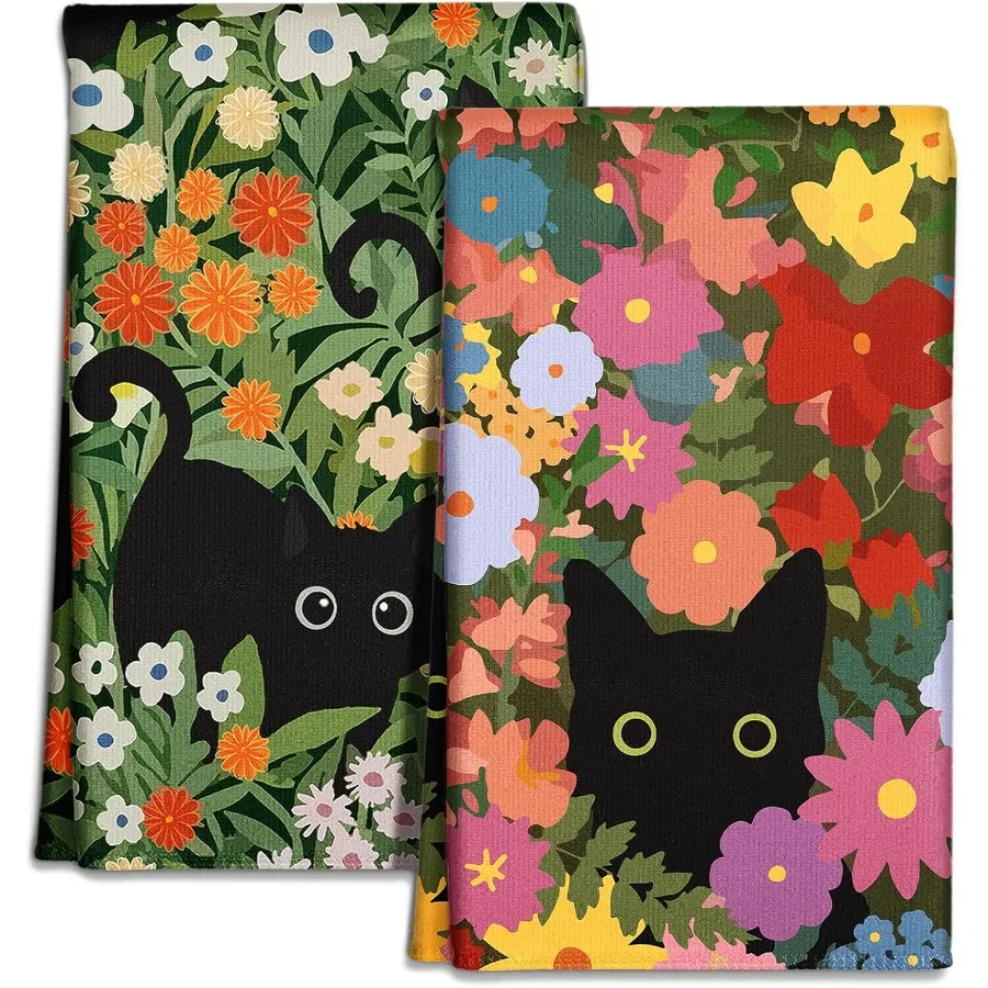

Microfiber Kitchen Towels - Set of 2 Dish Towels for Kitchen 18 x 26 Ih Home Decoration Cat Flower Cute Spring Hand Towels Soft