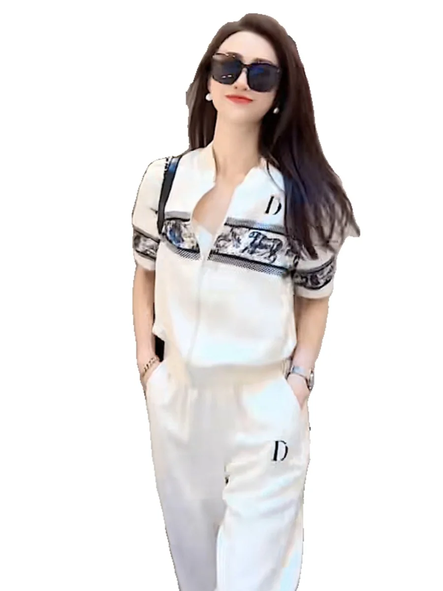 Franse Dames Casual 2-delige sets Cool Ice Zijde Comfortabele zomer Rits Jas met korte mouwen Jas en joggingbroek Losse sport