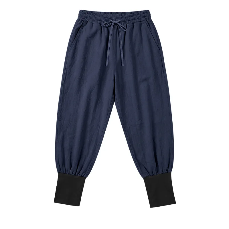American Casual Linen Beach Commute Breathable Vacation Contrasting Colors Loose Tied Feet Jogging Drawstring Trousers