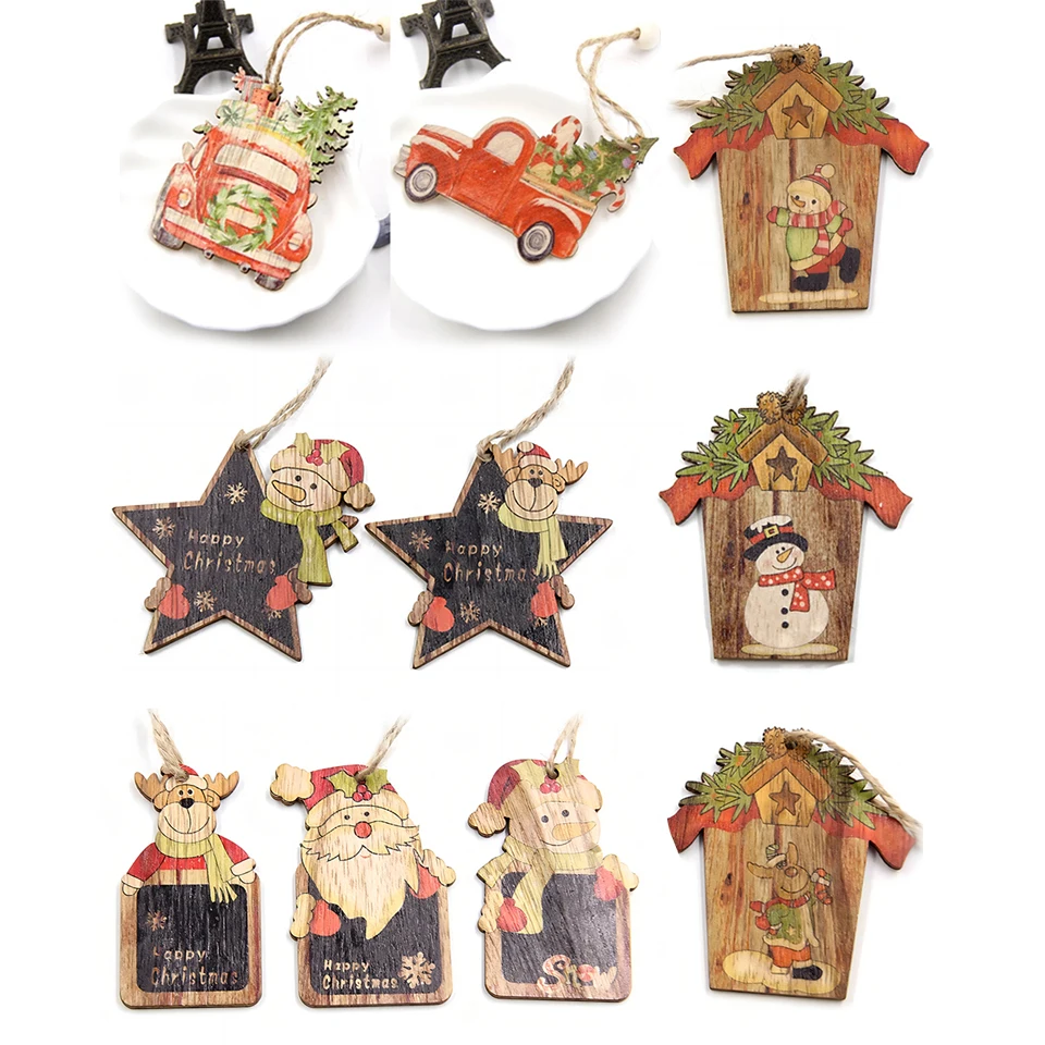 1SET Mix Style Christmas Wooden Ornaments Creative Wood Pendants Xmas Tree Ornament Home Party Decoration Kids Gifts DIY Craft