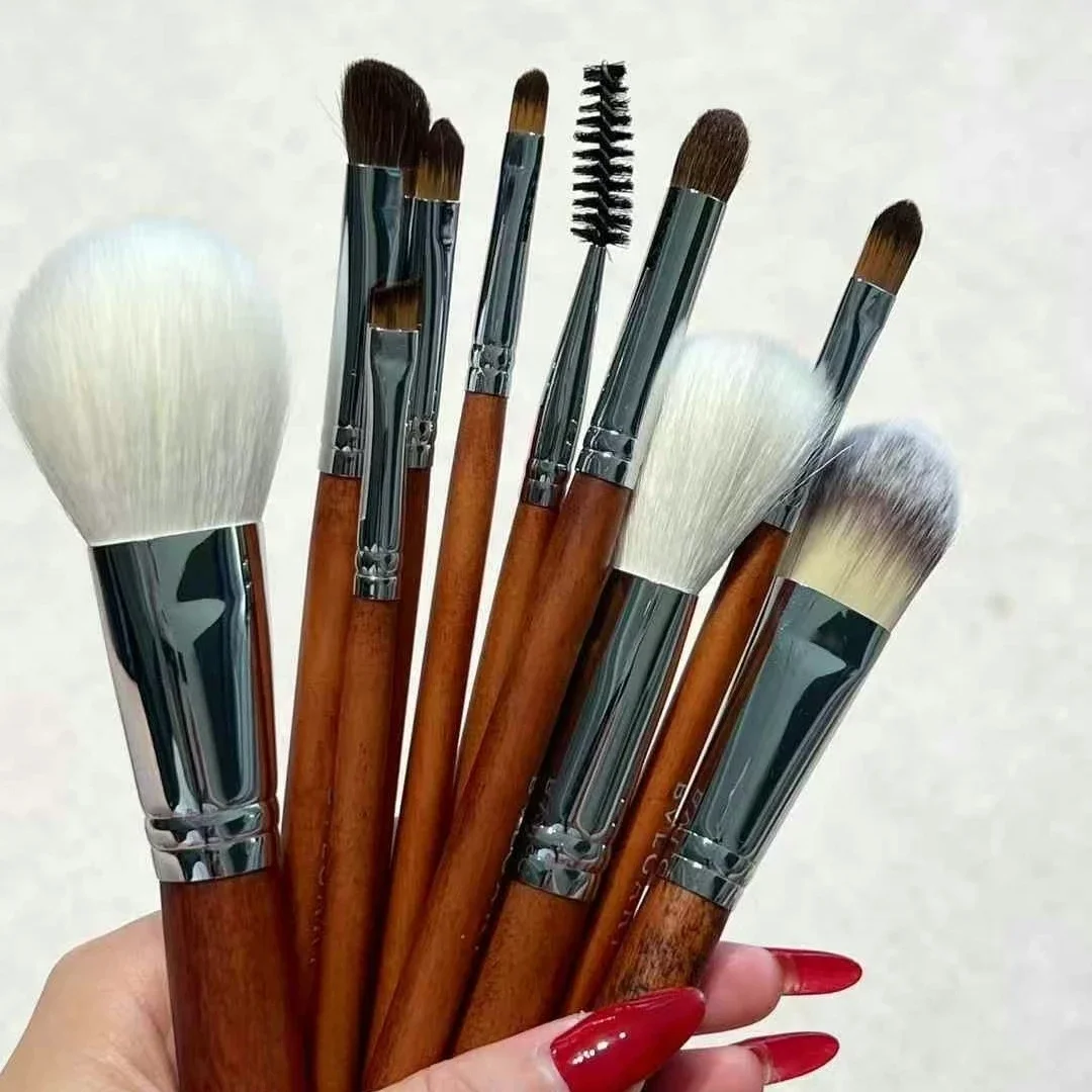 高級メイクブラシセット無垢材ハンドル、ウールブラシヘッドレザー収納袋ファンデーションブラシまつげカーラーアイシャドウブラシ