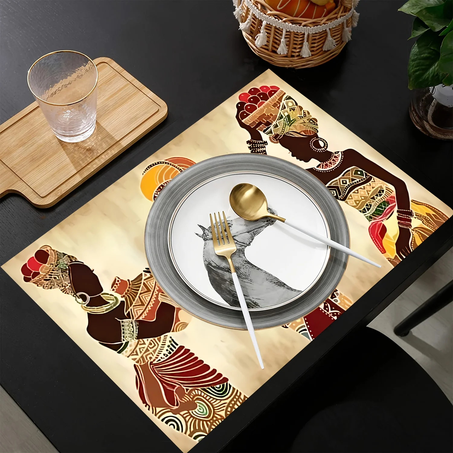 Ethnic African Woman Print Linen Placemat, Heat-Insulating & Non-Slip Placemat, Kitchen & Dining Table Accessory