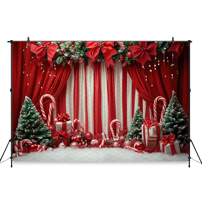 Mocsicka Christmas Backdrop Photography Winter Snow Tree Red Curtain Lollipops Decors Wallpaper Family New Year Party Background