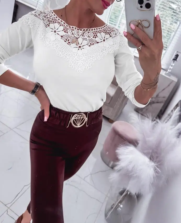 

Solid Color Lace Patchwork Off Shoulder Slim Fit Long Sleeved Top for Autumn, Fashionable and Sexy Women's Elegant Top