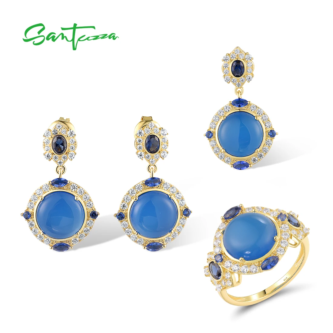 SANTUZZA Jewelry Set 925 Sterling Silver For Women Blue White CZ Dyed Blue Agate Pendant Earrings Ring Fantastic Fine Jewelry