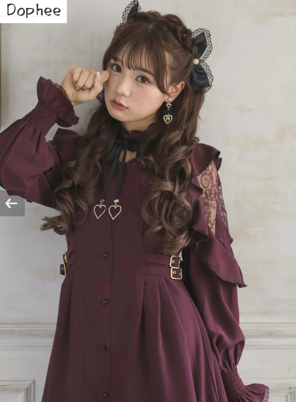 

Dophee Japan Styles Lolita Dresses Hollow Out Lace Love Pendant Bow Single-breasted Shirt Dress Landmine Series Long Sleeve