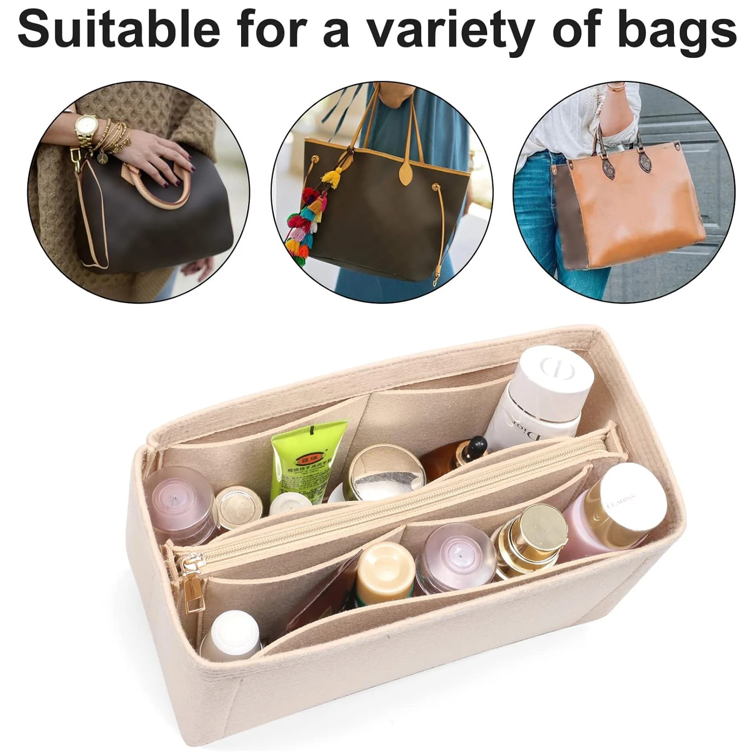 إدراج منظم محفظة اللباد لـ LV Neverfull PM، حقيبة يد سريعة 25/30/35، مشكل بطانة حقيبة اليد بسحاب #2