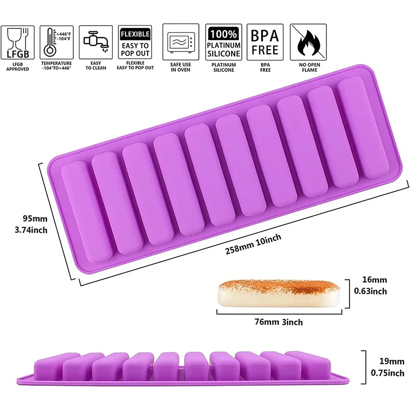 Long Strip Silicone Mold 10 Cavity Finger Shaped Chocolate Rectangular Cereal Chocolate Bar Cookie Ice Cube Trays Baking Tools