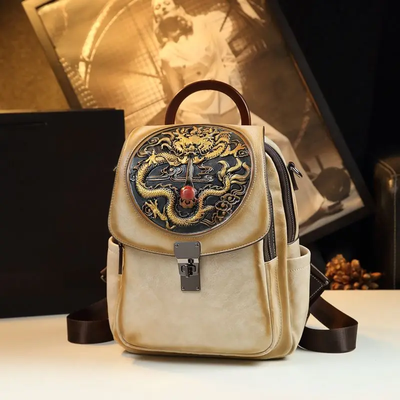 Retro National Style Leather Backpack Female Dragon Year Embossment Large Capacity Single Shoulder Multi-functional Travel Bag