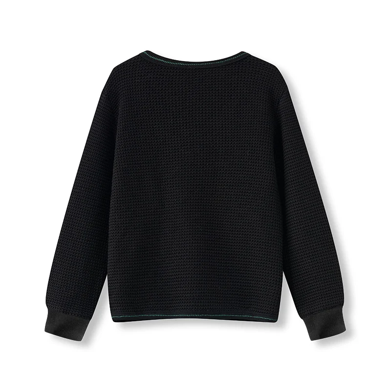 Children Boys and Girls Black Knitwear Sweater Autumn Winter Long Sleeves Velour Buttons Causual Clothing Contrasted Stitching
