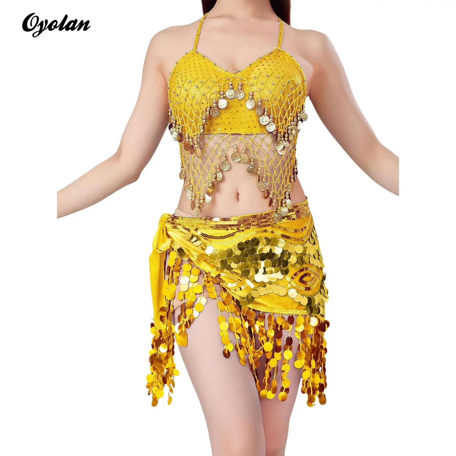 

Womens Indian Belly Dance Costume Glittery Sequin Tassel Halter Lace-up Crop Top and Hip Scarf Waist Skirt Tango Dancewear