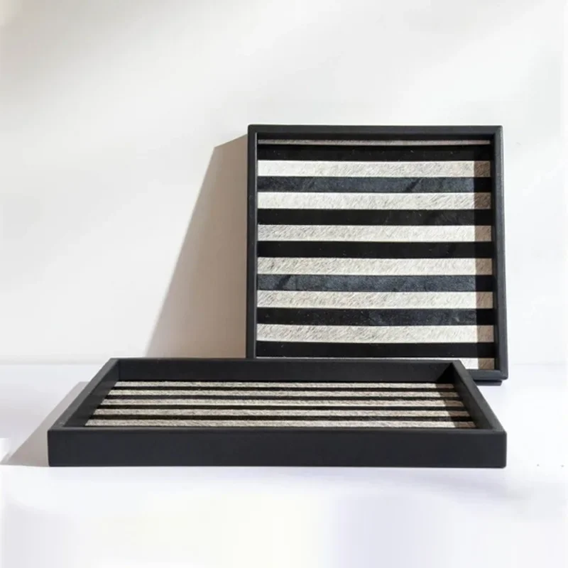 Modern Black White Striped Cowhide Tray, Geometric Pattern Rectangular Decorative Storage Organizer for Hotel Showroom, Desktop