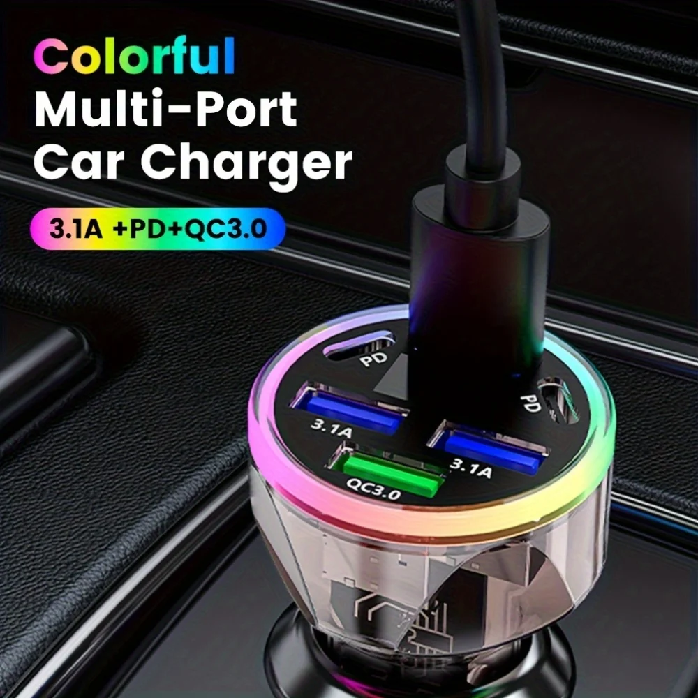 Color Car Cigarette Lighter with 100W Fast Charging Multi-port USB+type-C Digital Display Qc3.0 Compatible Huawei Samsung iPhone