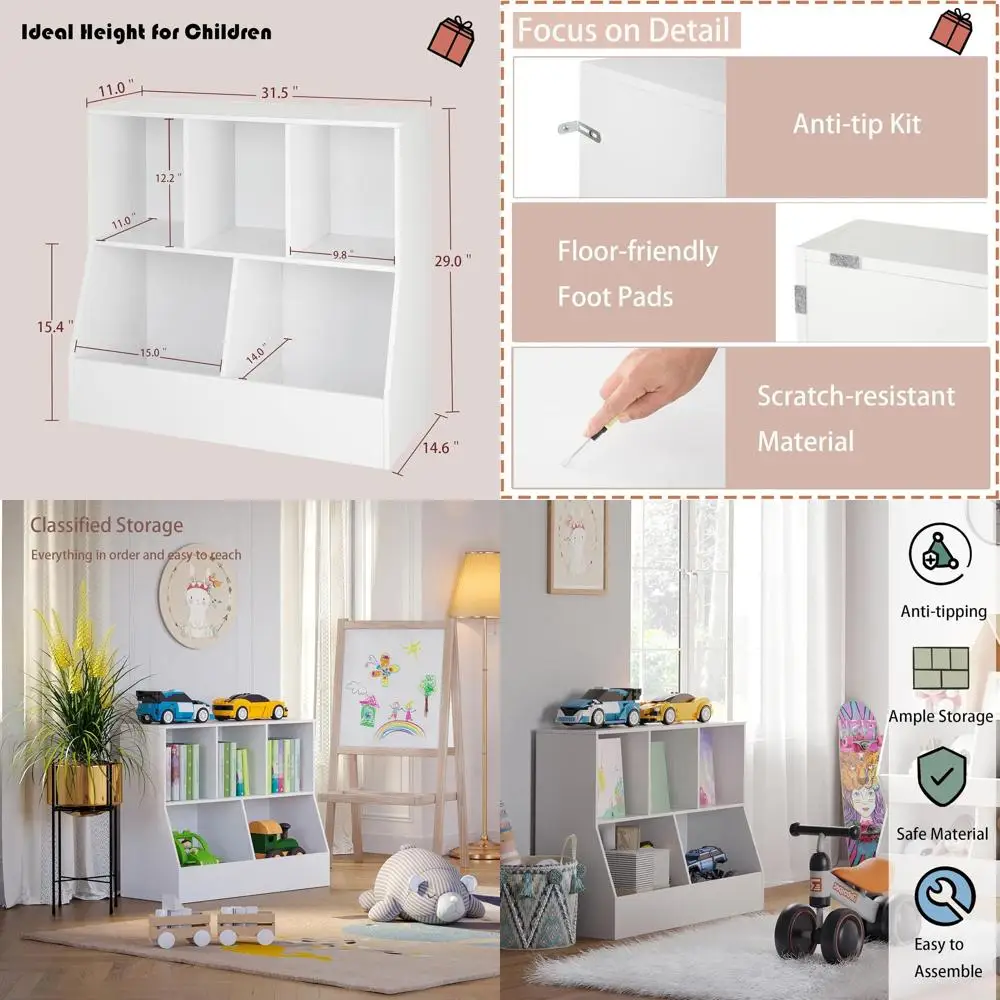 

White Wooden 5-Cubby Kids' Book and Toy Organizer, 31.5 Long, Suitable for Playrooms, Living Rooms, Nurseries, and Hallways