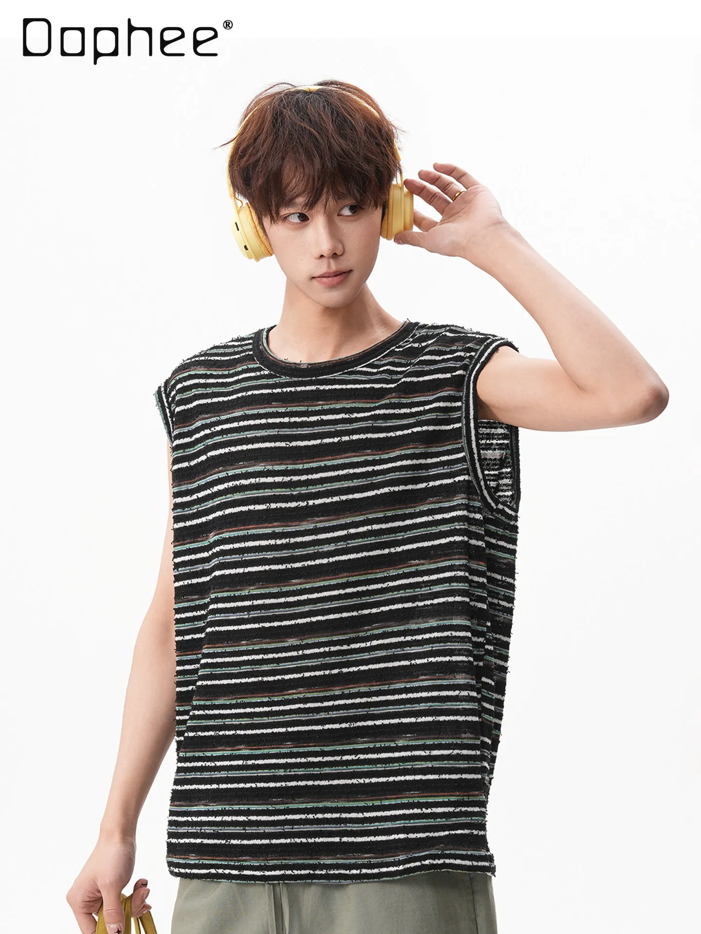 Summer Vintage Washed Colorful Stripe Raw Edge Tank Top Men Irregular Loose Streetwear Sleeveless Layering Vest for Daily Wear