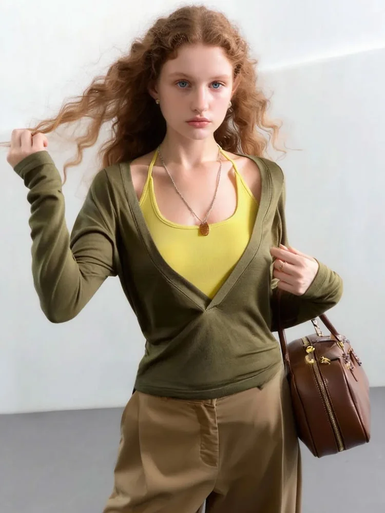 

ZhuoZhi Color Blo Ne Hanging Fake Two-Piece T-irt Comfortable Faionable Spring New Sle for Women Long Sve U-Ne