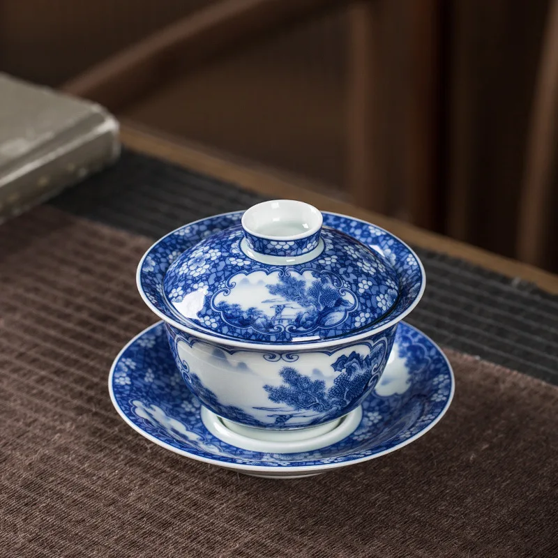 High Quality Jingdezhen Sancai Gaiwan Tea Cup Single High-End Kung Fu Set Brewing Bowl White Porcelain Blue and Ceramic Infuser