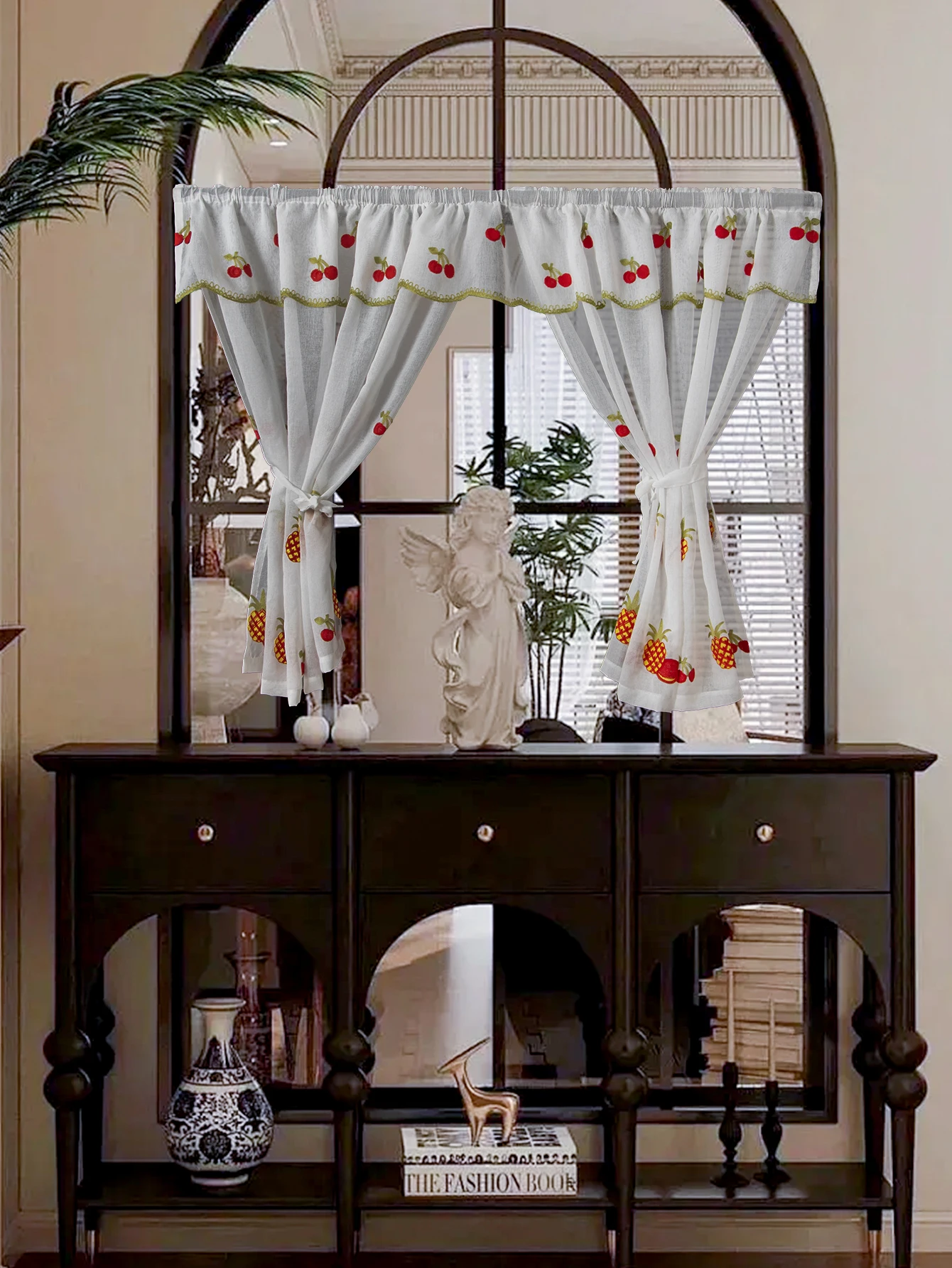 Rustic Cherry Embroidered Lace Mini Valance Window Curtain No Punching Required Short Sheer Curtain for Country Style Decor