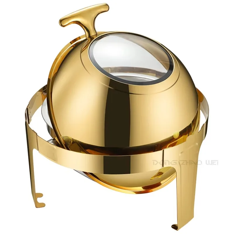 Hotel Buffet Warm Food Heater Gold Food Heater Set Hotel Stainless Steel 6L Round Roll Top Hot Pot