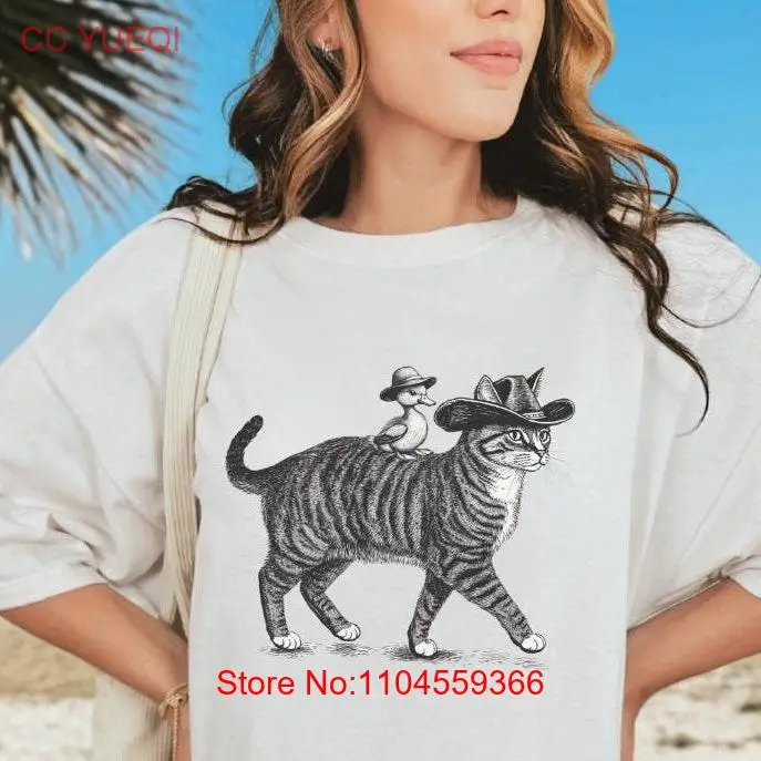 Camisa de hierba gatera loca de colores cómodos, divertido gato vaquero con patito montando en la espalda, regalo Vintage para amantes
