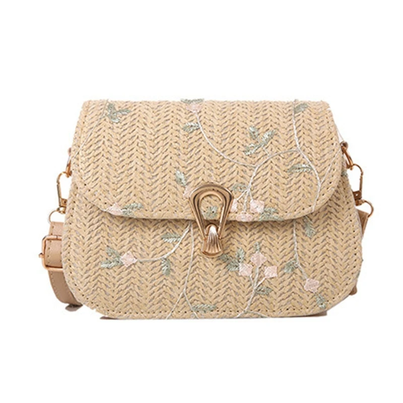 Saddle Bag Shoulder Bag Floral Lace Straw Woven Bag for Birthday E74B