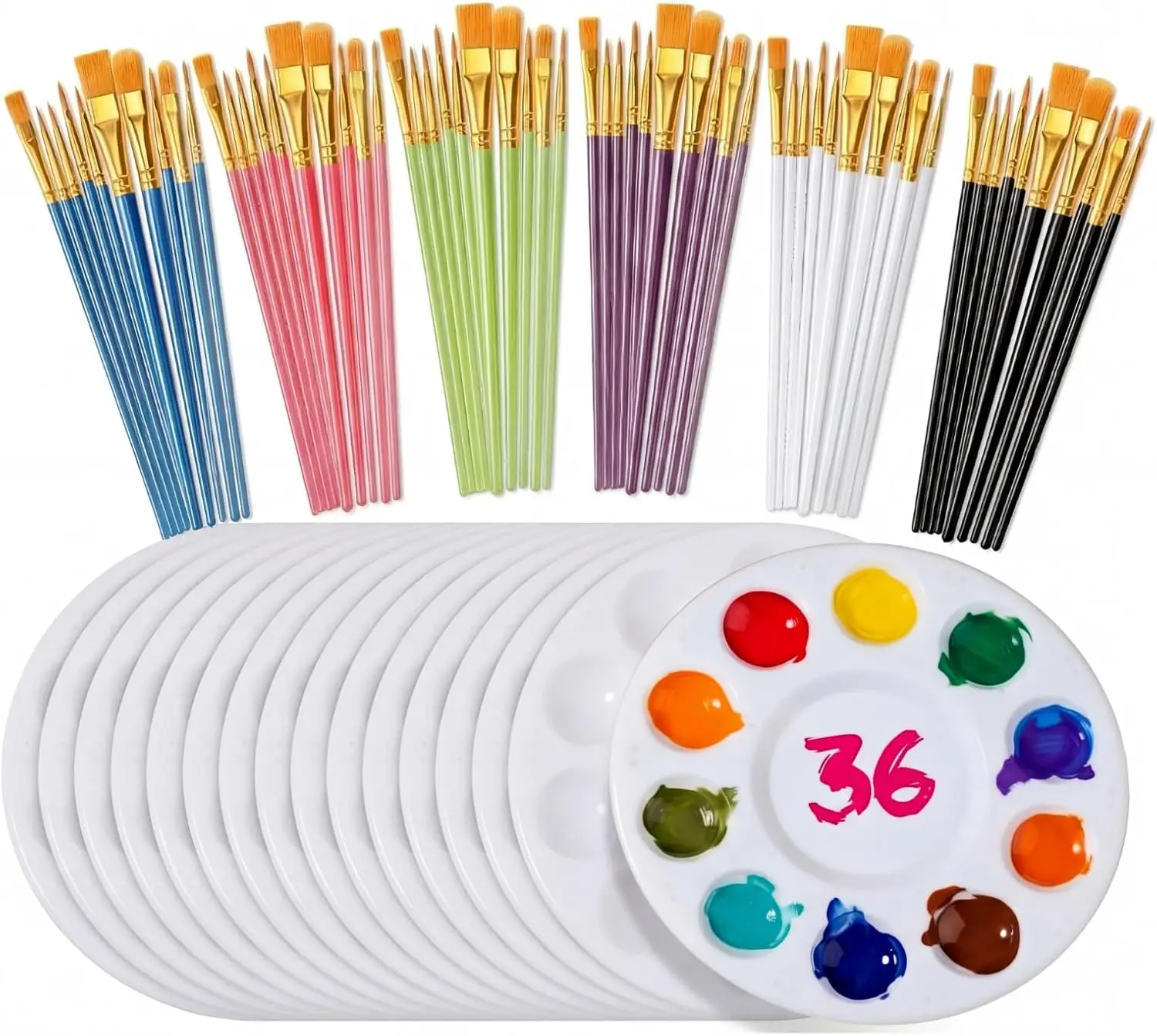 

36 Sets Painting Brush Palette Set, 360 Acrylic Paint Brush and 36 Paint Palette Tray, Nylon Head for Oil, Watercolor, A
