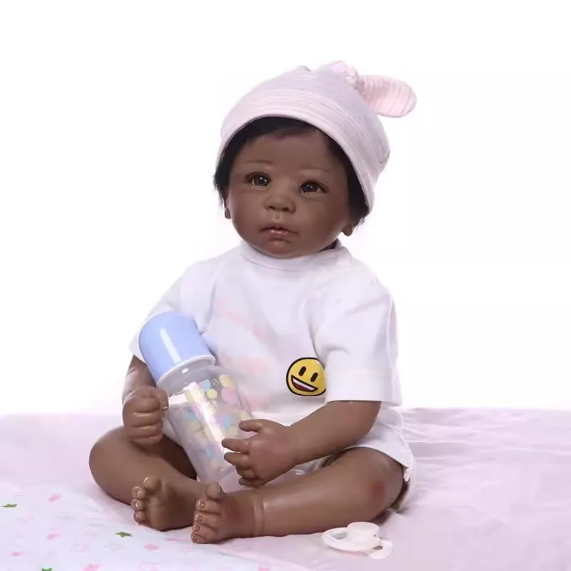 

Dark Skin Cloth Body Silicone Reborn Baby Doll Toy For Girl Lifelike Rooted Hair Princess Bebe Birthday Gift Dress Up Art Boneca