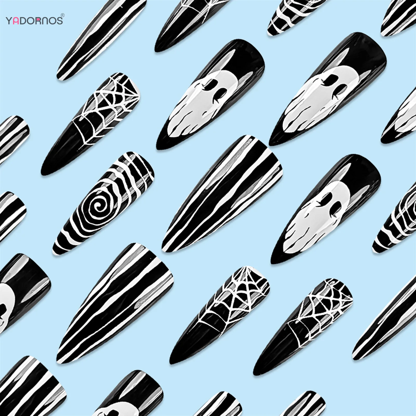 Faux Ongles Stiletto Longs Brillants pour Halloween, 24 Pièces, à Pression, Fait à la Main, Motifs à Rayures Fantômes, Couverture Complète, N64.N64.