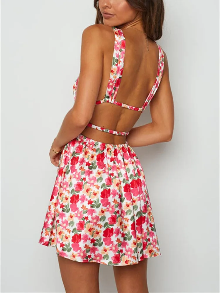 Abito corto senza schienale con stampa floreale con scollo a V estivo da donna Sexy Harajuku E-Girls anni '90 Streetwear Vintage Cami Sundress
