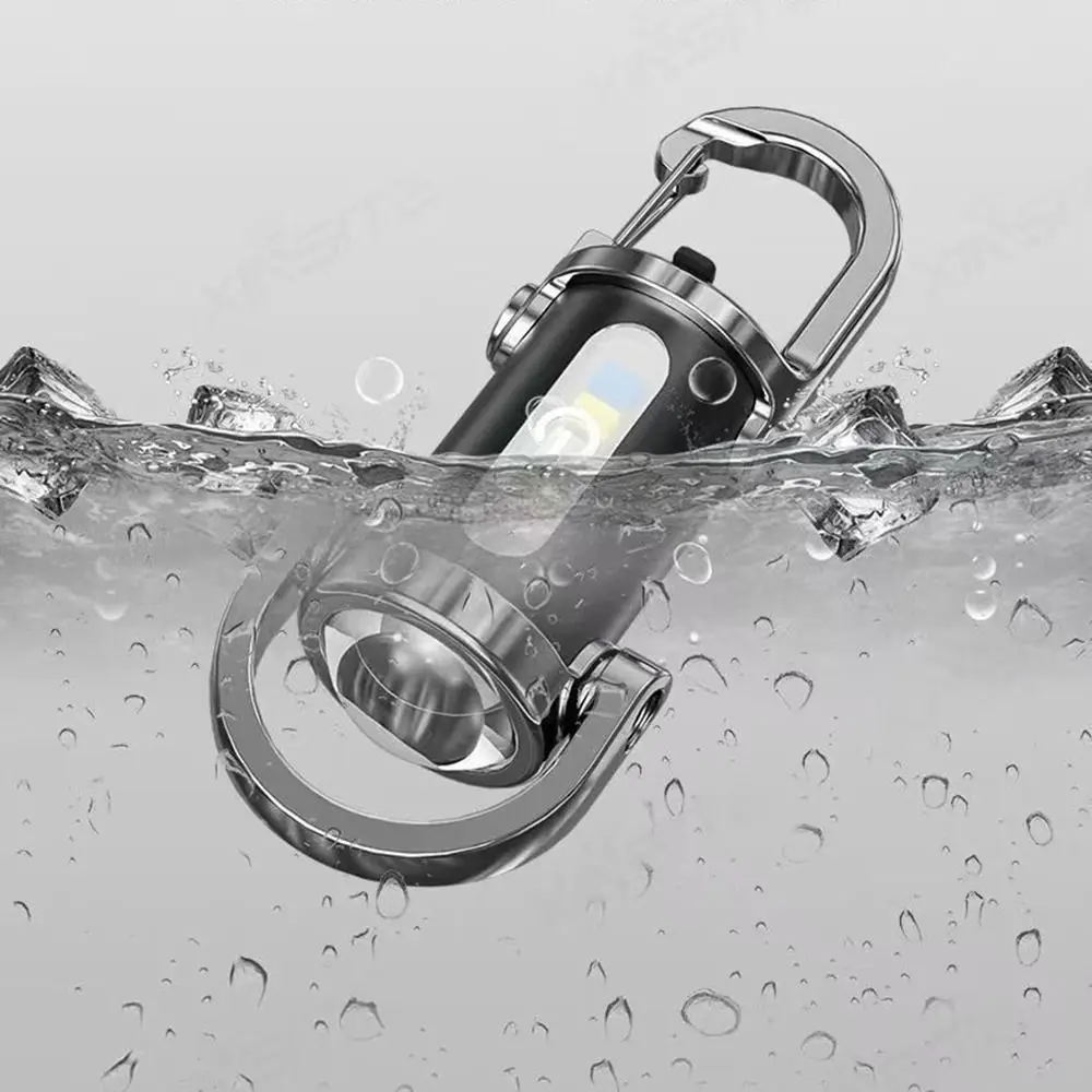 Waterproof Mini Keychain Flashlight High Bright Portable LED Torch Lamp with Hook Dual Light Source Warning Light Night Running