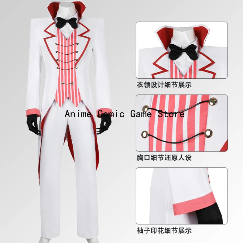 In Stock  XS-2XL Lucifer Hazbin Cosplay Costume Wig Hat Ring Anime Uniform Jacket Pants Gloves Halloween Party Outfits for Men