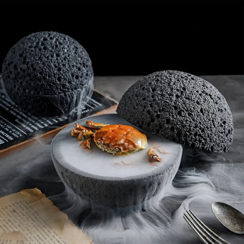 Japanese Planet Volcanic Stone Artistic Conception Dish Pendulum Seafood Sushi Sashimi Ice Plate Smoke Plate,12CM Black