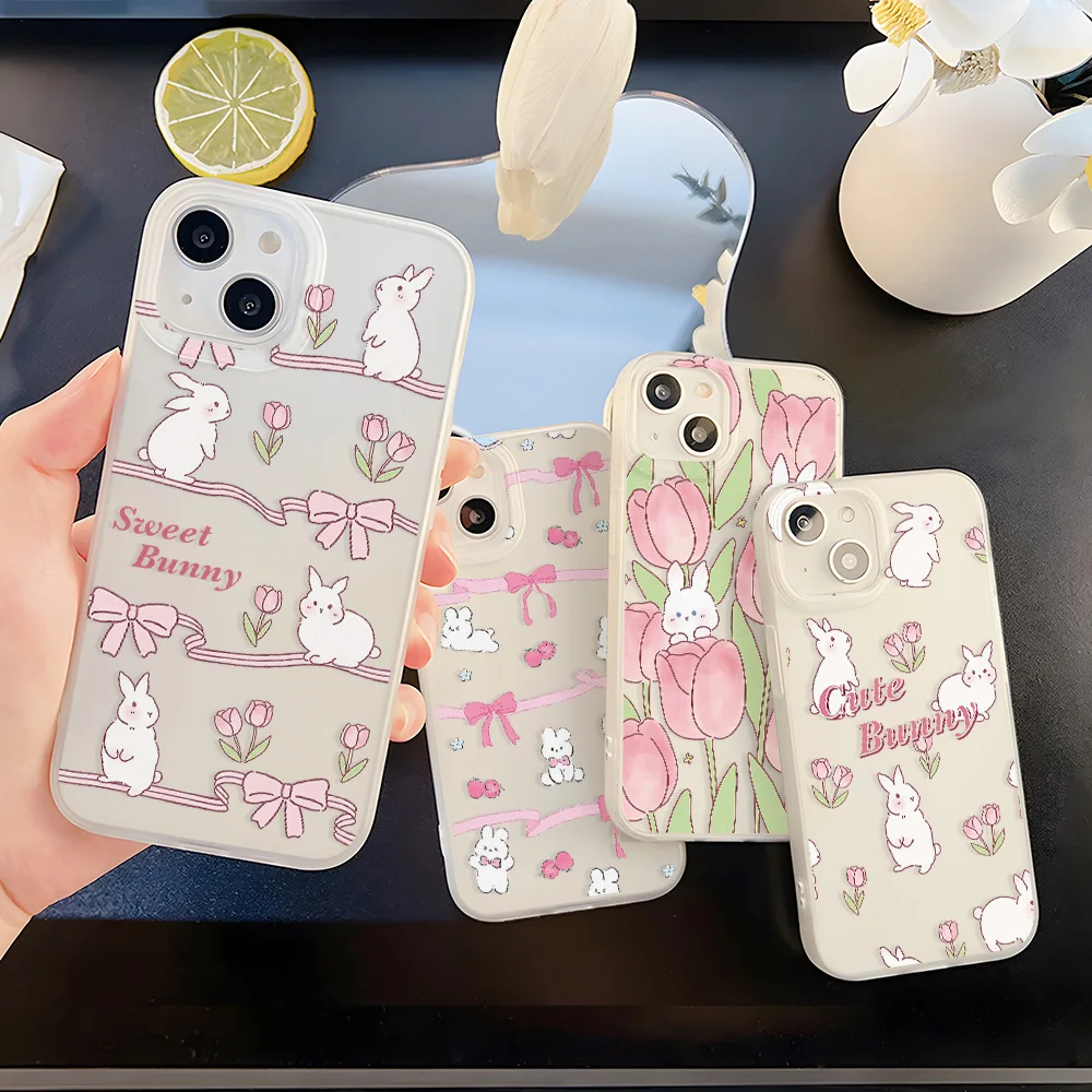 Cute Rubbit Matte Phone Case For iPhone 16 Pro Case iPhone 15 14 Pro Max 16 11 12 13 Mini Fundas Shockproof Soft Silicone Cover