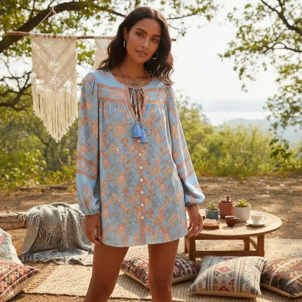 Summer Fashion Women Floral Printed V-neck Long Sleeve Tassel Boho Blouse Ladies Button Rayon Shirts Beach Bohemian Blusas