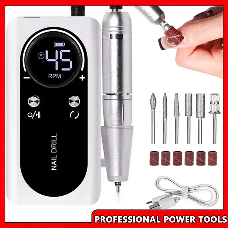 

Professional Electric Portable Nail Drill Machine 45000RPM Rechargeable Low Noise Manicure Salon Nail Sander File Tool