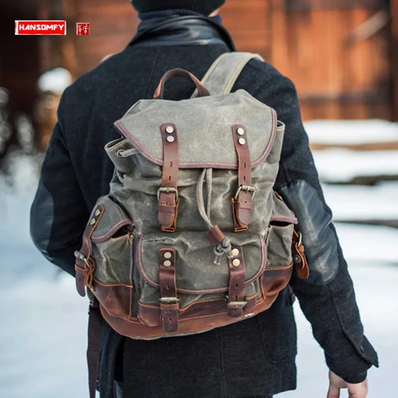 

Genuine Leather Men's Backpack Casual Canvas Travel Backpacks Schoolbag Large Capacity Outdoor Waterproof Backpacks 2024 New