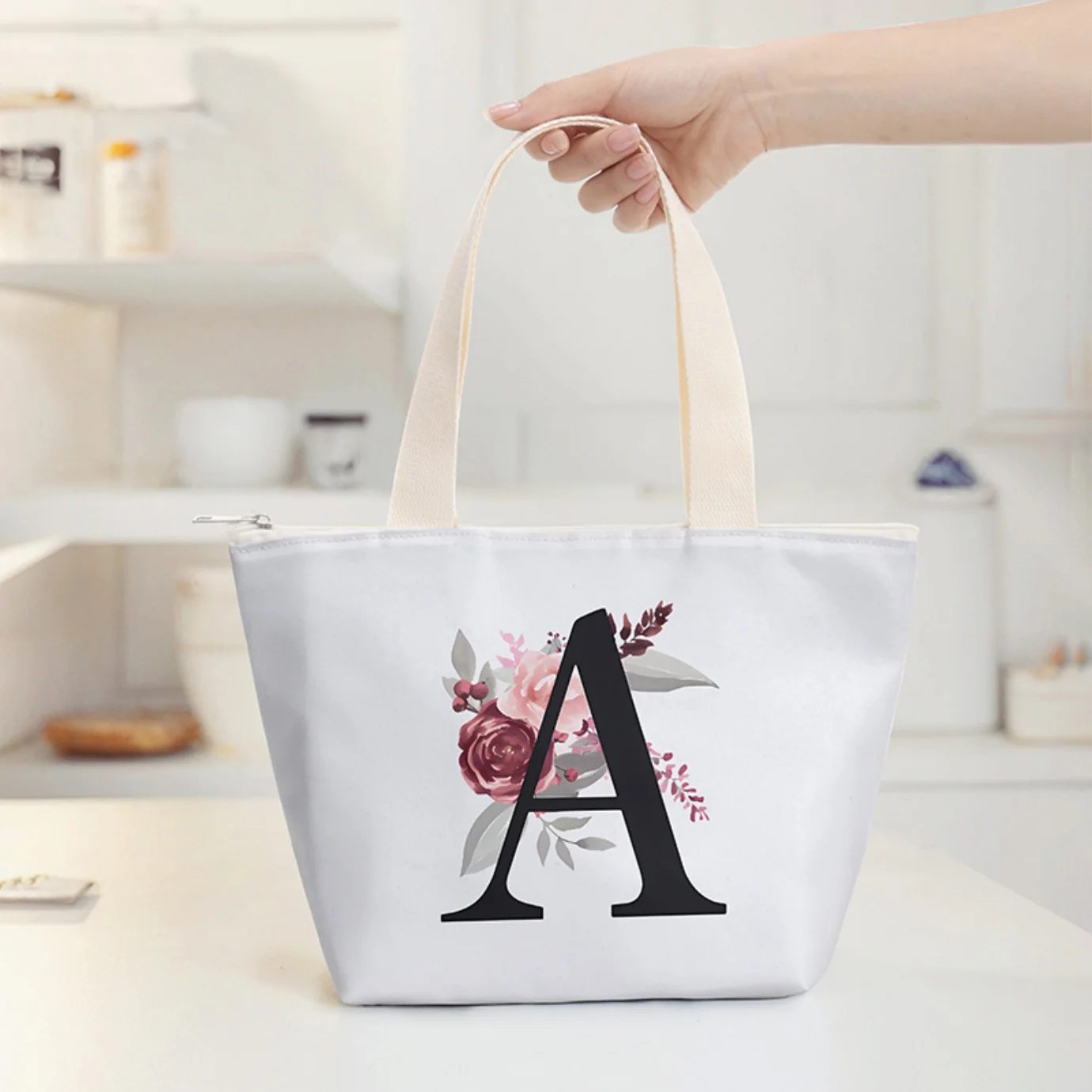 Floral Letter A Print Thermal Lunch Bag Zipper Insulated Tote Handbag, Lightweight Reusable Food Carry Bag for Daily Outdoor Use