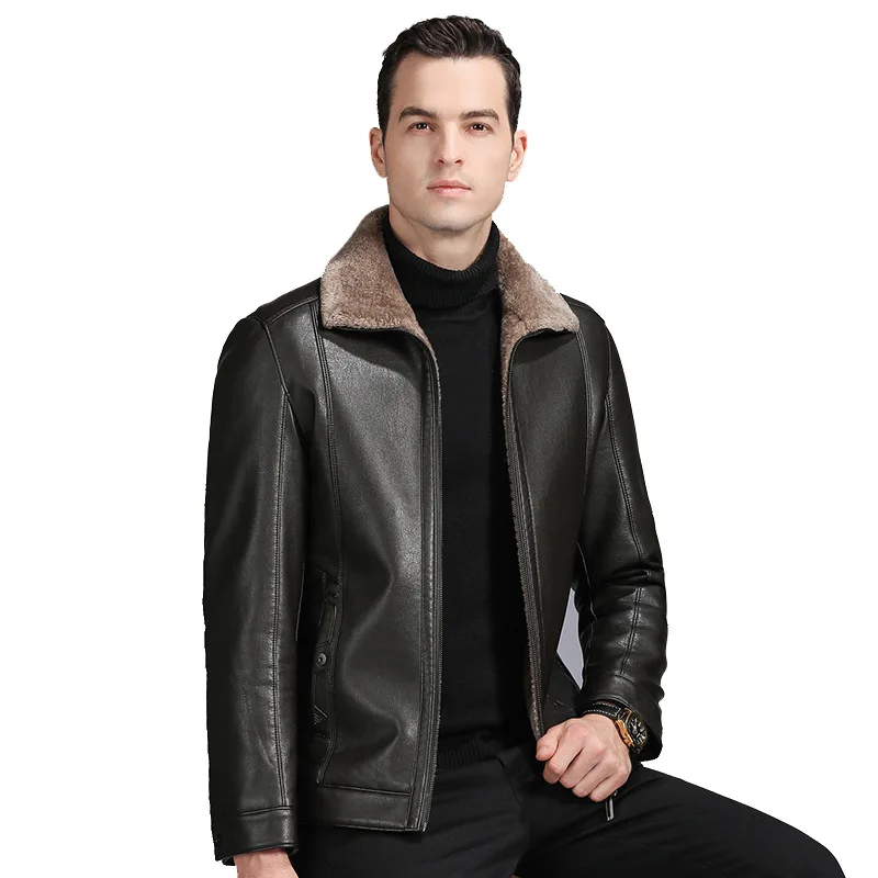 

Men's Genuine Leather Jacket Thickened Sheepskin Fleece Lined Winter Coat Zipper Lapel Casual Outerwear