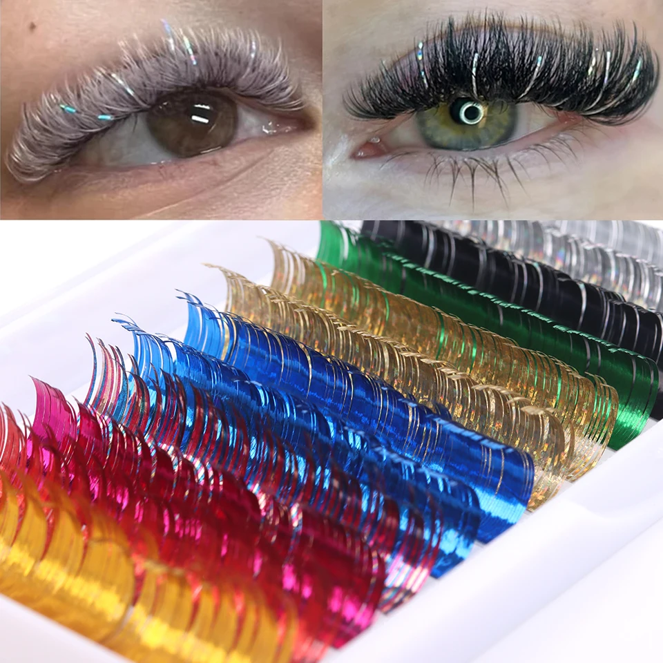 Nueva extensión de pestañas colorida brillante Individual, oropel, maquillaje de pestañas holográfica, mezcla de colores, brillo, oropel con punta,