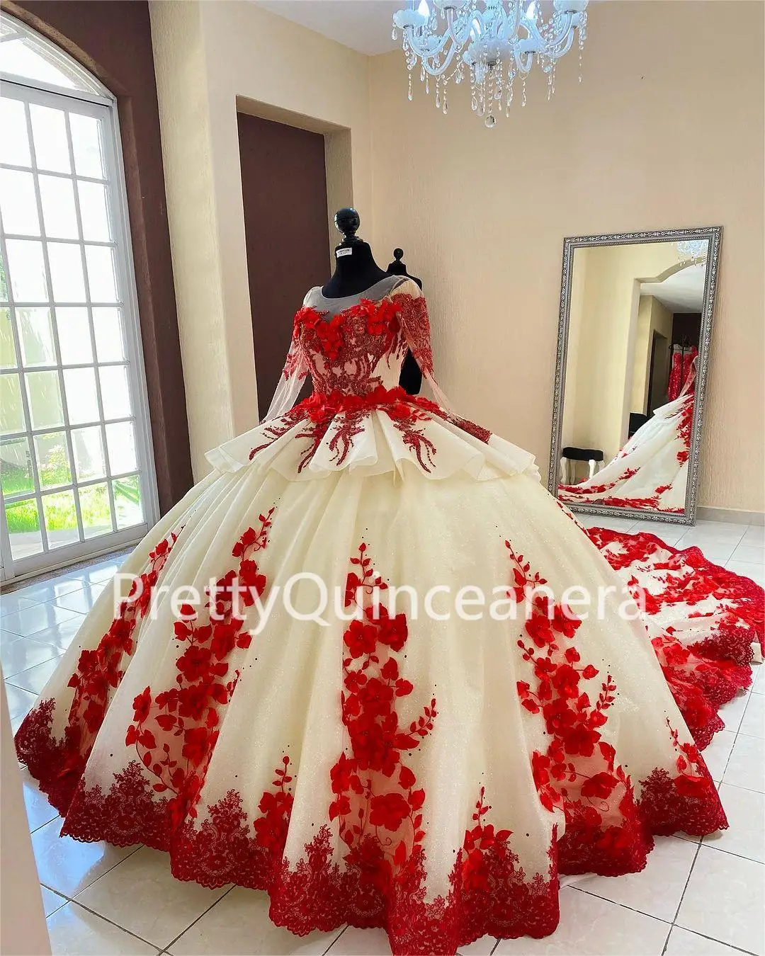 Pretty Long Sleeves Tiered 3D Flowers Scoop Quinceanera Dress Champagne and Red Big Train Ball Gown for Sweet 16 Birthday Party