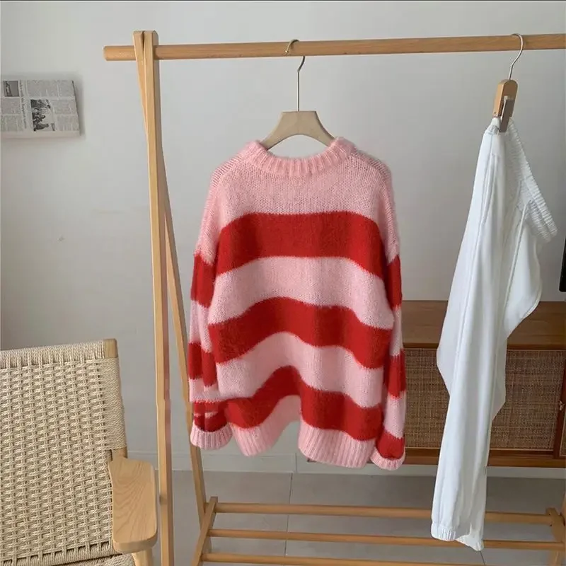 Candy Color Knitted Striped Sweater Women O Neck Long Sleeve Korean Sweet Pullover Jumpers Female Sueter Mujer Lazy Style