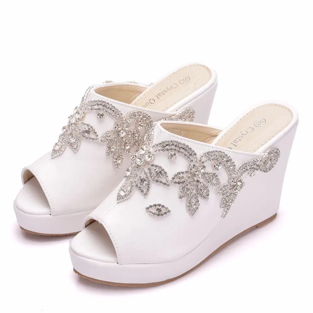 Crystal Queen Silver Rhinestone Peep Toe Platform Wedges High Heels Slippers Beach Sandals For Women Wedding Shoes