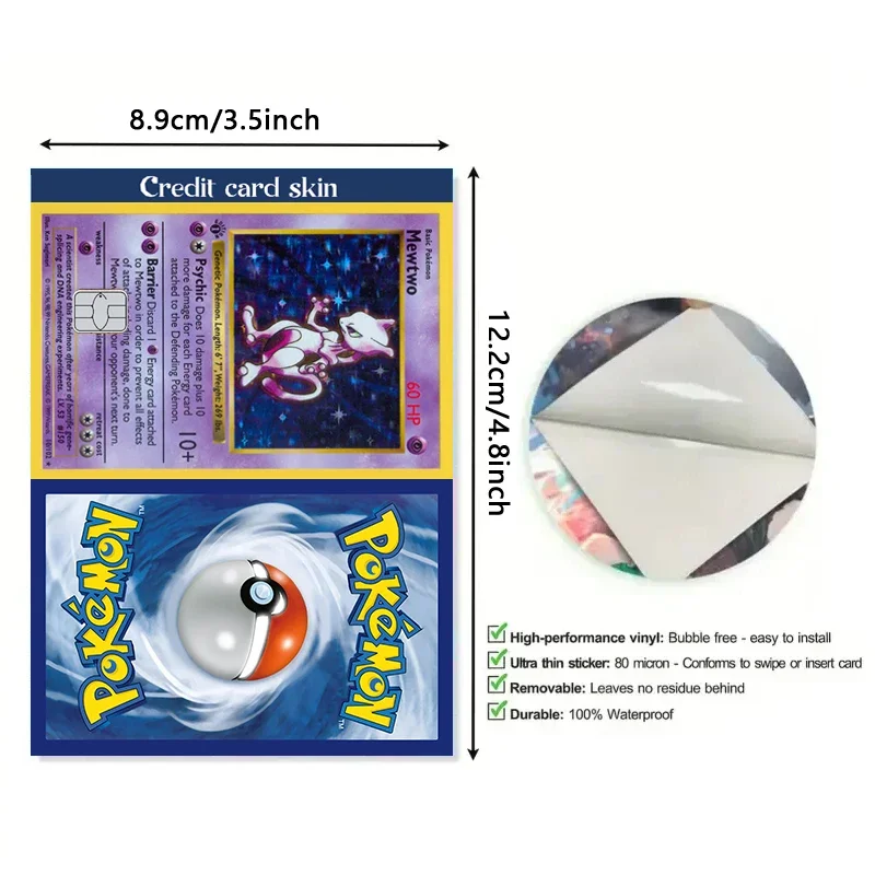 2PCS PTCG Credit Card Skin Stickers Pocket Monsters Mewtwo for VISA Bus Bank Debit Card Boy Toys Women Accessories 14+y