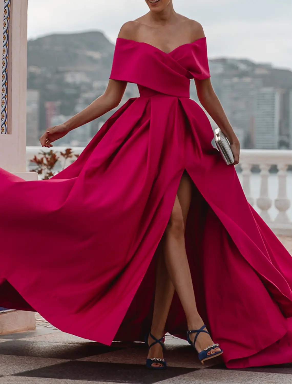 Fuchsia Satin Off the Shoulder A-line Formal Evening Dress Backless Button Elegant High Slit Prom Dresses Wedding Party Gowns