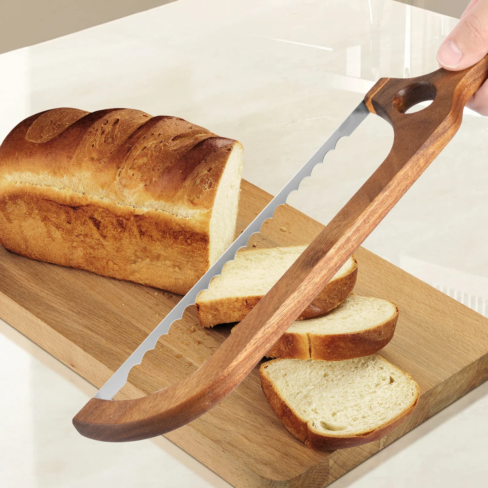 Cuchillo de pan con lazo con hoja dentada de acero inoxidable, mango de madera, herramientas de corte multiusos para pan casero, Bagel, Baguette